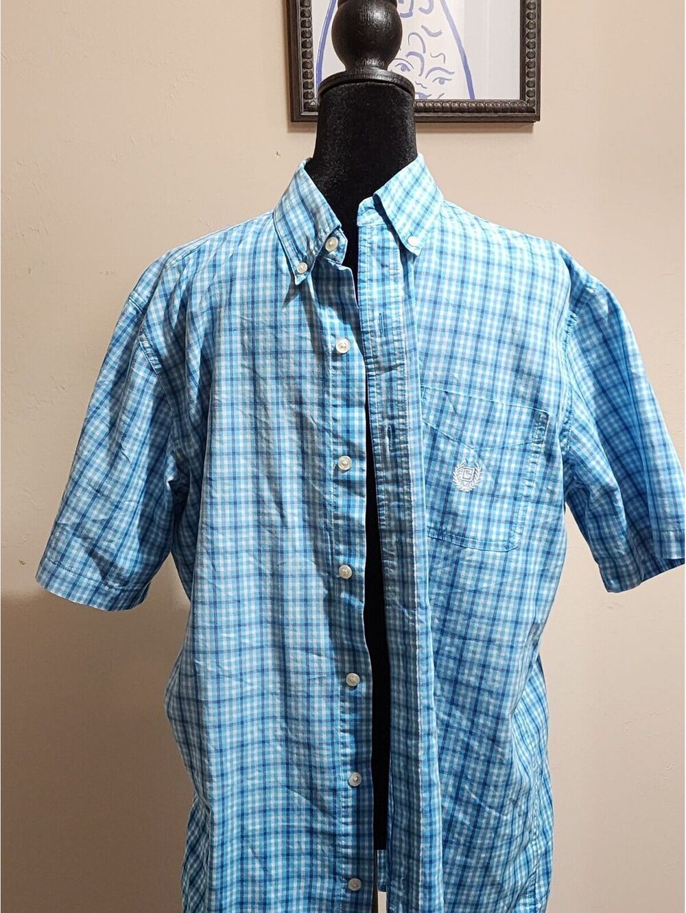 CHAPS Men's M Blue Plaid Short Sleeve Button-Down Shirt